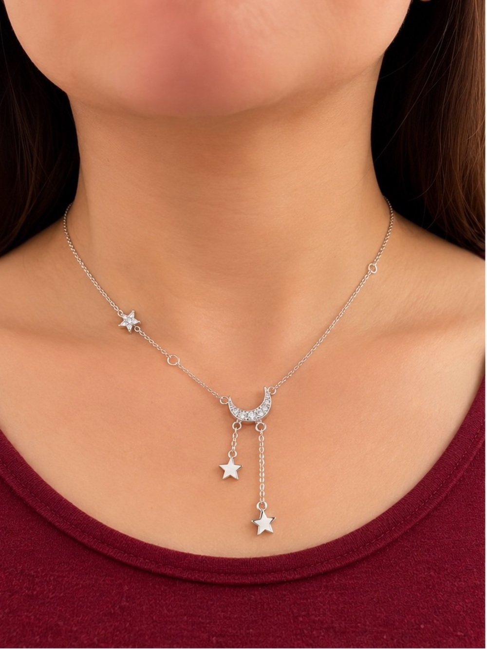 Sterling Silver Moon & Star Drop Necklace - Silver